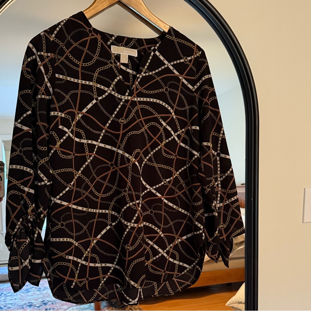 Michael Kors Black and Brown Chain Print‎ Blouse size small